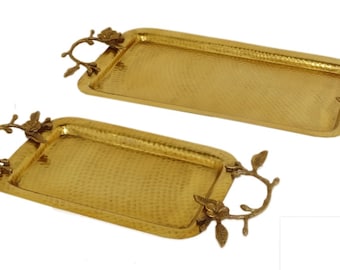 Rectangular Brass  Serving Tray with Flower Handle in  Antique & Hammered  Design