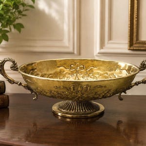 Decorative Embossed Brass Oval Bowl / Serving Tray with Handles | Antique Golden Finish Fruit Bowl & Centerpiece | Ornate Floral Design