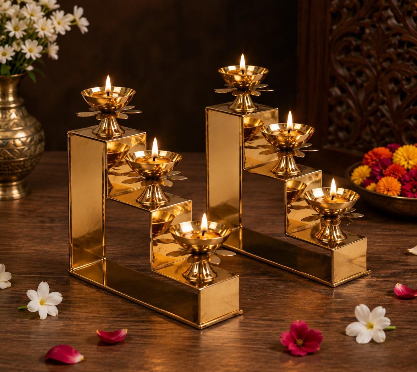 Handcrafted Brass Lotus Step Diya | Brass Oil Lamp & Step Lamp