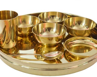 Brass Dinnerware Sets || Thali Sets (Thali/Plate 12, 13 and 14 Diameter, Bowls, Glass, Sweet dish Plate and Spoon - 8 pcs sets)