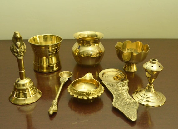 Brass Pooja Set of 9 Pcs Plate Bell Incense Holder Panchamrat Glass Spoon  Dhoop Burner Camphor Holder Kalash Diya -  Israel