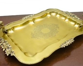 Bandeja de servir em latão antigo | Prato decorativo com alças