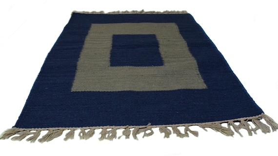 Blue and Grey Handwoven Cotton Wool Rug / door mat - 24x36 inch