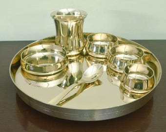 Pure Bronze Kansa Dinner Thali Set, 7-Piece Plate, Bowls & Glass