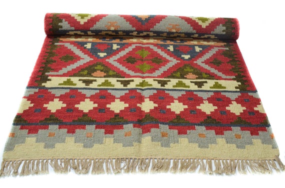 Handwoven Multi Color Cotton Wool Rug | Reversible Kilim, 3.1 x 5 ft.
