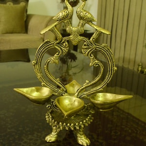 Antique Finish Brass Table Top Oil Lamp with Pair of Peacocks, Brass oil Lamp, Diya, Decoration lamp