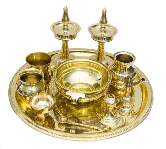 Brass Pooja Set of 11 Pcs bell, Incense Holder, Panchamrat Glass, Urli,  Dhup Burner, Camphor Holder, Kalash, Diya Plate 16x16 Inches 