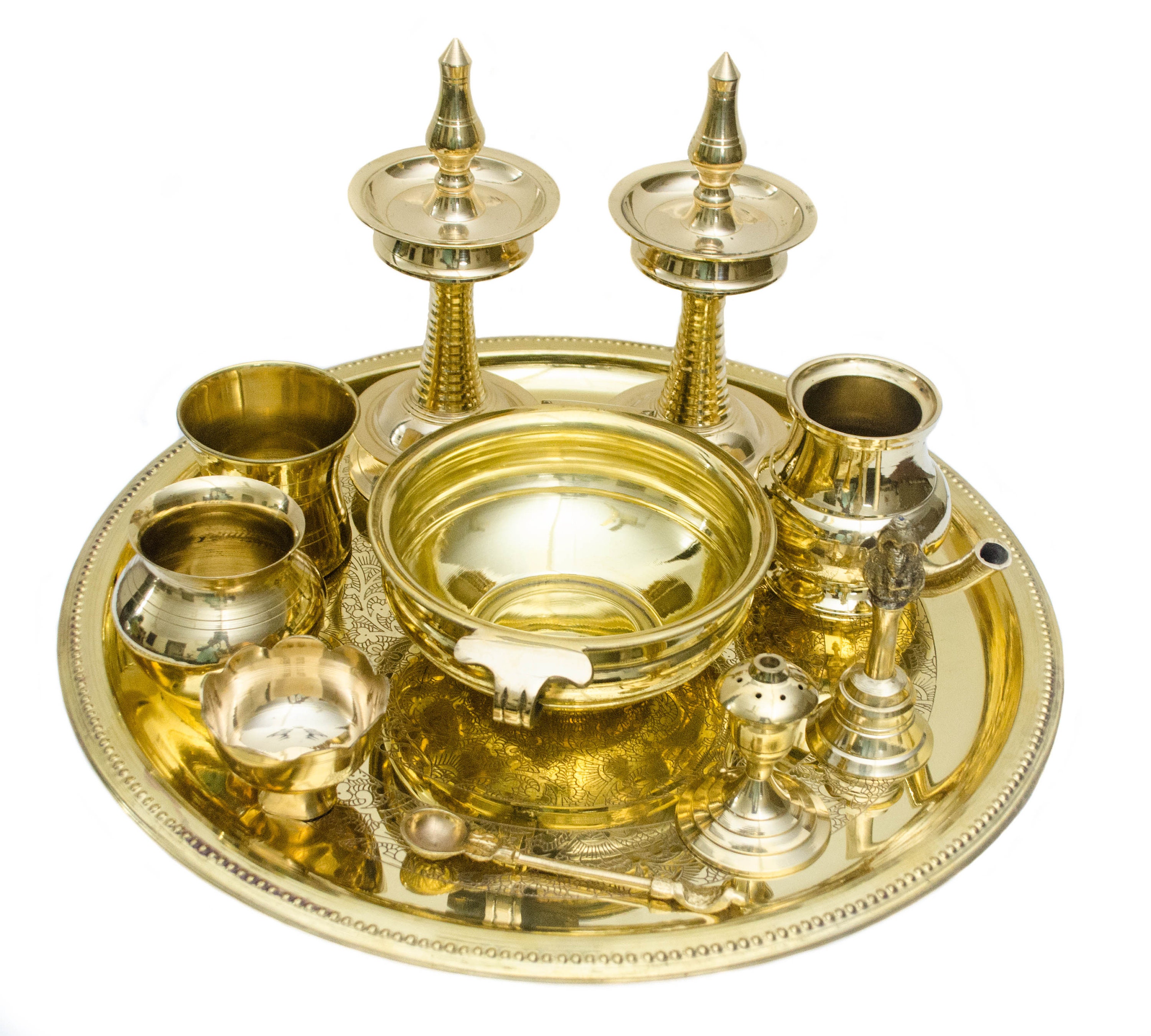Brass Pooja Set of 9 Pcs Plate Bell Incense Holder Panchamrat