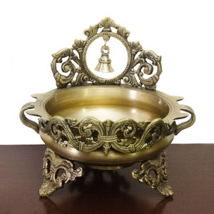 Ethnic Carved Brass Urli with Bells in Antique Finish / Table Top Decoration Bowl / Flower Bowl/Showpiece- 8 inches