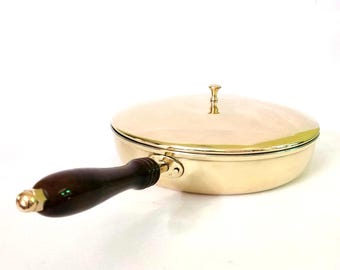 Handmade Brass Frying Pan with Wooden Handle and Lid (10 inch)