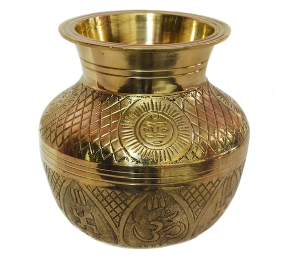 Brass Kalash Pot in Handcrafted carving & Antique look for Indian  Traditional Pooja Items