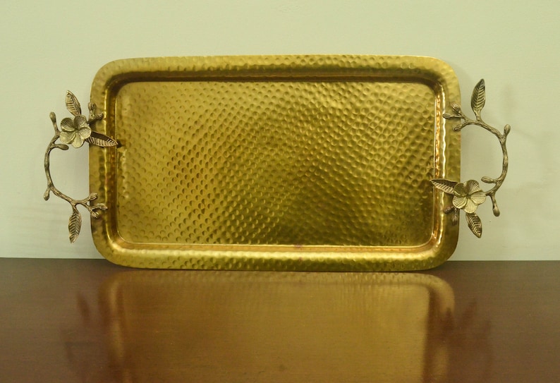 Rectangular Brass Serving Tray With Flower Handle in Antique & Etsy