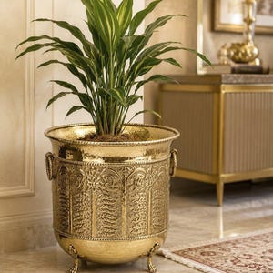 Puede incluir: Una maceta redonda de latón martillado con un intrincado patrón floral y de helechos en relieve, un borde estilo cuerda, dos asas laterales en forma de anillo y cuatro pequeñas patas de garra. Una planta verde con hojas variegadas está dentro.
