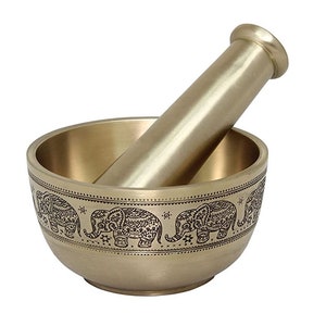 Brass Mortar and Pestle set/ Brushed Finish with Elephant carved Spice Grinder Pepper Crusher Bowl Pestle