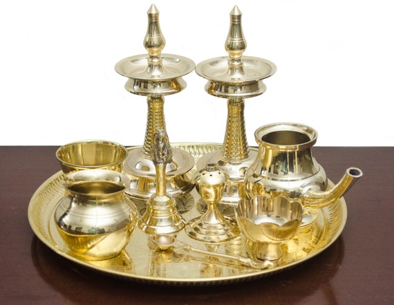 Brass Pooja Set of 11 Pcs Plate Bell Incense Holder Panchamrat Glass Urli  Dhup Burner Camphor Holder Kalash Diya -  Denmark