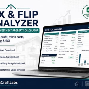 May include: A laptop displaying the Fix & Flip Analyzer Microsoft Excel template. The screen shows columns for deal assumptions, results, and cost breakdown, including a project cost mix bar chart. The interface features dark blue and teal accents.