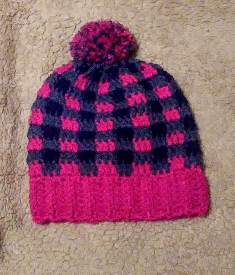 Gray Handmade crochet Buffalo Plaid hat Pink and Black Child/'s size