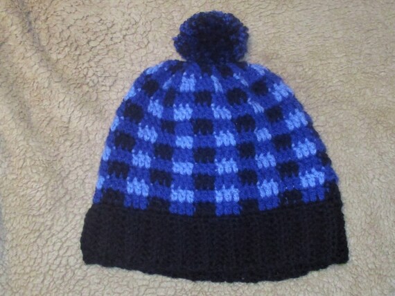 Handmade Crochet Blue Buffalo Plaid Hat 
