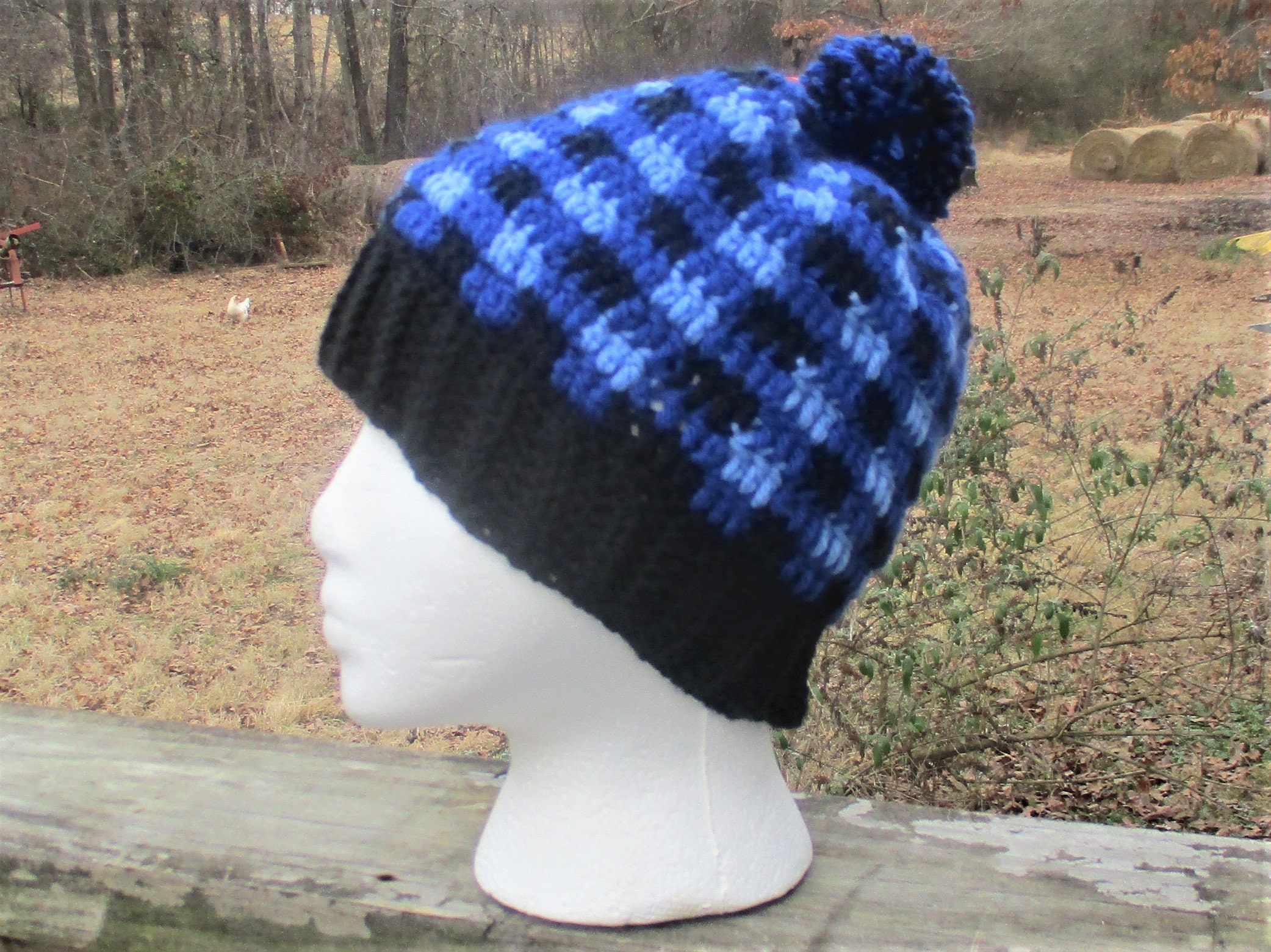 Handmade Crochet Blue Buffalo Plaid Hat 