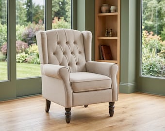 Accent Chair, Beige Fabric Wingback Armchair, Upholstered Lounge Chair, Solid Wood Legs for Living Room Bedroom