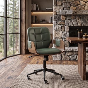 May include: An office chair featuring a dark green tufted seat and backrest with a curved walnut wood frame. The chair includes a black metal base with five casters, a height adjustment lever, and padded armrests with visible stitching details.