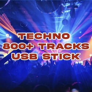 May include: A USB stick featuring the text TECHNO 800+ TRACKS USB STICK in bold white letters with a dark red outline, set against a vibrant background of blue and purple stage lights and a crowd of people with their hands raised in the air.