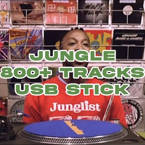 Op de afbeelding: Een rood t-shirt met het woord Junglist in het wit op de borst gedrukt. Overliggende tekst in het groen met een witte omlijning luidt JUNGLE 800+ TRACKS USB STICK. Het shirt wordt gedragen voor een draadrek gevuld met diverse vinylhoezen.