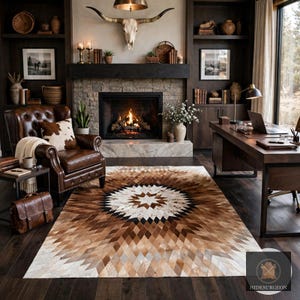May include: A rectangular area rug featuring a geometric starburst pattern in shades of brown, tan, white, and black. The rug is composed of stitched hide panels arranged in a diamond motif, centered on a large white star on a dark wood floor.