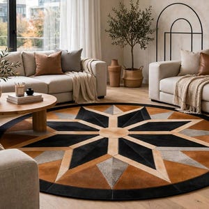 Round Cowhide Patchwork Rug Multi-color Star Design Handmade Leather Boho Home Decor