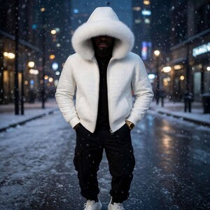Peut inclure: Une veste zippée blanche à la surface texturée dotée d'une grande capuche doublée de fausse fourrure blanche. La veste est portée sur un haut noir, associée à un pantalon cargo noir avec poches latérales et des baskets blanches, sous la neige.