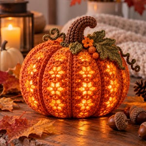 May include: A round, orange crocheted pumpkin featuring an intricate lace-like pattern that glows from within. The top is adorned with a dark brown crocheted stem, two green crocheted leaves, a small orange flower, and two small berries.