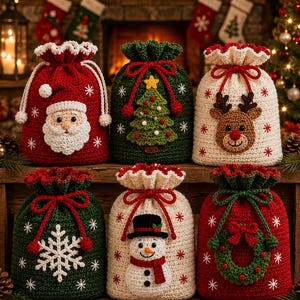 May include: Six crochet drawstring gift bags featuring holiday designs. The bags display a Santa Claus, a Christmas tree, a reindeer, a white snowflake, a snowman with a top hat, and a green wreath. Each bag has a ruffled top and red or green ties.