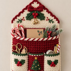 May include: A cream and dark red crocheted wall organizer featuring a house shape with a hanging loop. It includes a large pocket and three smaller front pockets decorated with holly, a Christmas tree, gold bells, and a red bow.