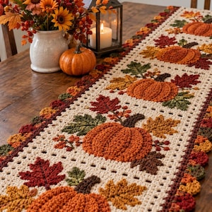 Häkelanleitung für einen Tischläufer im Herbst, Kürbis-Herbstdeko, Häkelidee für Thanksgiving, PDF
