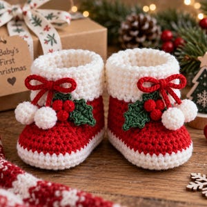Peut inclure: Une paire de chaussons pour bébé crochetés à la main en laine rouge et blanche. Chaque chausson présente un revers blanc, un nœud rouge, deux petits pompons blancs et une feuille de houx verte avec trois baies rouges sur le devant.