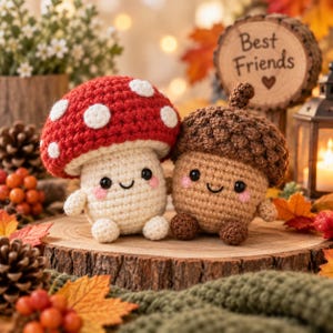Puede incluir: Dos peluches de ganchillo, uno con forma de seta roja con puntos blancos y otro con forma de bellota marrón, ambos con ojos negros, bocas sonrientes y mejillas rosadas, sobre una rodaja de madera con un cartel de Best Friends.