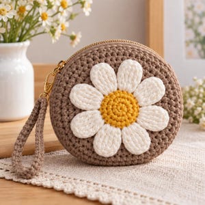 May include: A round, brown crocheted coin purse featuring a large, three-dimensional daisy appliqué on the front. The flower has white petals and a yellow centre. The purse includes a gold-toned metal zip, a matching brown wrist strap, and a clasp.
