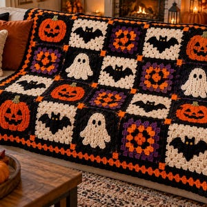 May include: A handmade crochet blanket featuring a repeating pattern of orange jack-o'-lanterns, white ghosts, black bats, and purple and orange granny squares, all bordered by a vibrant orange and black crocheted trim.