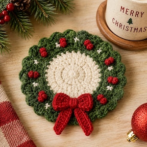 May include: A round, crocheted coaster featuring a dark green wreath design with a cream-colored center. The wreath is decorated with small red berry clusters and white cross-stitch accents, finished with a prominent red crocheted bow at the bottom.