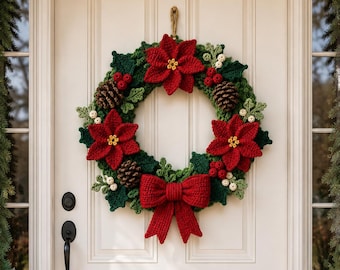 May include: A circular crochet wreath featuring three vibrant red poinsettia flowers with yellow centers, dark green leaves, brown pinecones, small white berries, and a large red bow at the bottom, all crafted with detailed yarn textures.