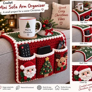 Puede incluir: Un organizador de brazo de sofá de ganchillo en rojo, verde y blanco con tres bolsillos decorados con una cara de Papá Noel, un árbol de Navidad y una cara de reno. Sostiene una taza blanca con un gráfico de árbol y una planta decorativa.