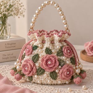 Crochet Rose Pearl Bag Pattern Floral Drawstring Purse, PDF