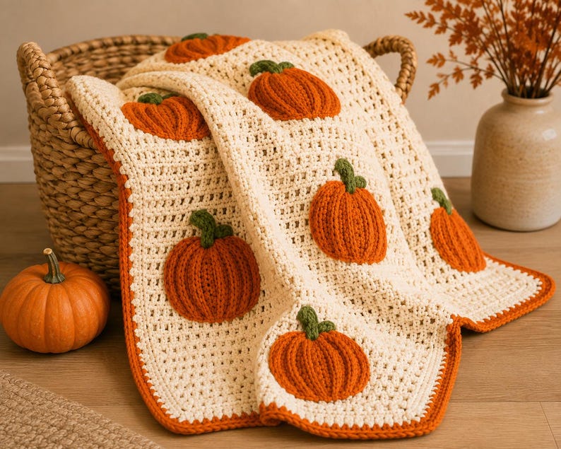 May include: A cream-colored crochet blanket featuring a repeating pattern of raised, textured orange pumpkins with green stems. The blanket has a solid orange border and is draped over a woven basket, showcasing a detailed handmade knit design.