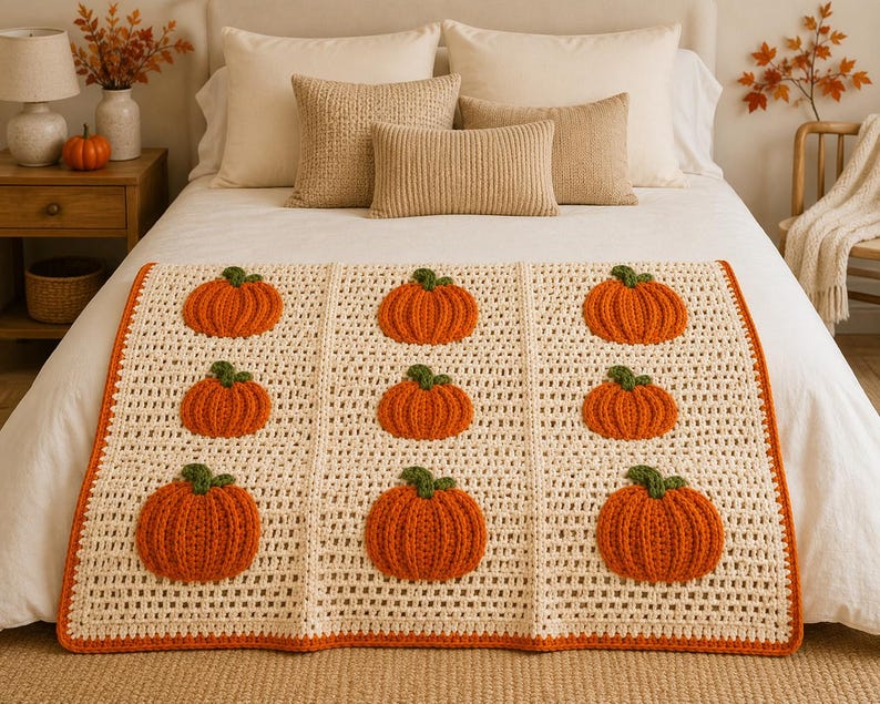 May include: A rectangular crochet blanket featuring a cream-colored grid pattern with nine raised, textured orange pumpkins with green stems arranged in three rows. The blanket is finished with a solid orange border along the outer edges.