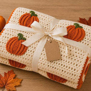 May include: A folded cream-colored crochet blanket featuring an orange pumpkin pattern with green stems. The blanket is tied with a white ribbon and includes a blank brown paper tag. An orange pumpkin and two autumn leaves are placed nearby.
