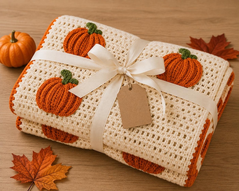 May include: A folded cream-colored crochet blanket featuring an orange pumpkin pattern with green stems. The blanket is tied with a white ribbon and includes a blank brown paper tag. An orange pumpkin and two autumn leaves are placed nearby.