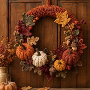 Puede incluir: Una corona circular de ganchillo con decoraciones de temática otoñal que incluyen calabazas de color naranja, blanco y óxido, bellotas marrones y varias hojas de arce y roble en tonos verdes, amarillos y rojo oscuro sobre una base color óxido.