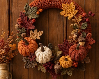 May include: A circular crochet wreath featuring autumn-themed decorations including orange, white, and rust-coloured pumpkins, brown acorns, and various maple and oak leaves in shades of green, yellow, and deep red, all arranged on a rust-coloured base.
