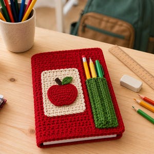 May include: A red crocheted notebook cover featuring a cream-colored square patch with a red apple appliqué and a green crocheted pen holder pocket on the right side. The cover is textured with a dense stitch pattern and holds three writing utensils.
