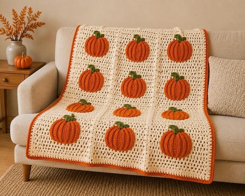 May include: A cream-colored crochet blanket featuring a repeating pattern of raised, textured orange pumpkins with green stems. The blanket has a solid orange border and is constructed with a grid-like open stitch pattern throughout the main body.